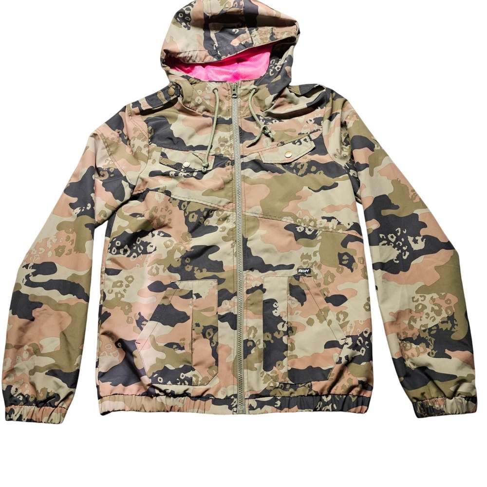 Volcom Enemy Lines Hooded Camo Jacket Leopard Print Pink Mesh Lining Medium 12